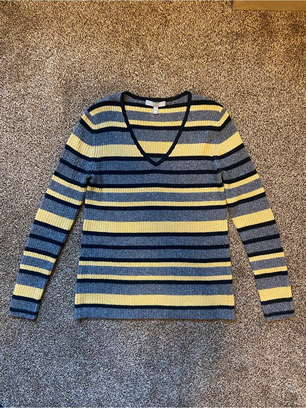 Neiman Marcus Yellow/ Grey Striped Cashmere Sweater Medium